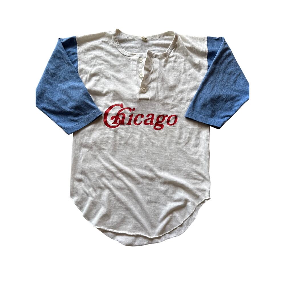 Vtg Chicago Blue 3/4 Sleeve USA Made Miller Single Stitch S White Henley Jersey